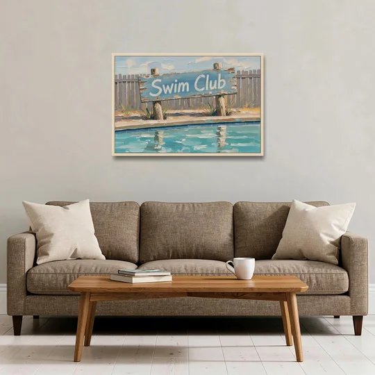 Pool Signs for Backyard Swim Club Board - Oak Framed Canvas Wall Art - Sofa - 36x24