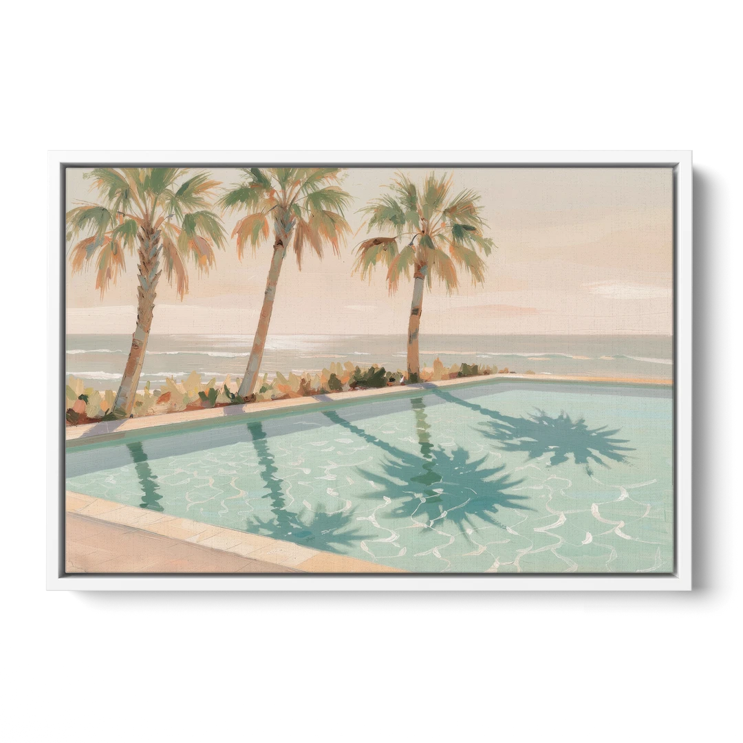 Poolside Art with Three Palm Shadows - White Framed Canvas Wall Art - Front