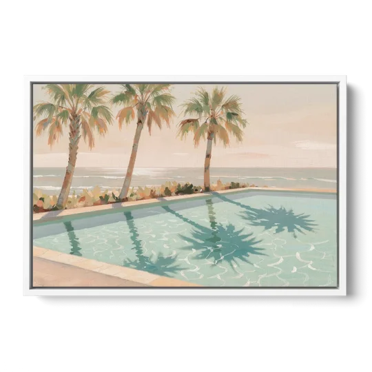 Poolside Art with Three Palm Shadows - White Framed Canvas Wall Art - Front