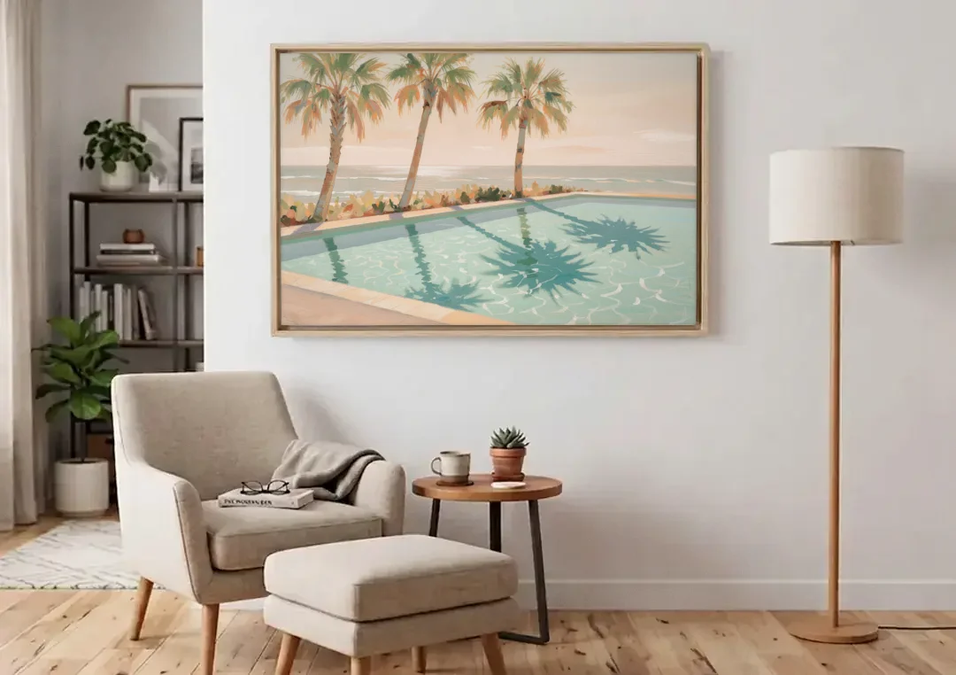 Poolside Art with Three Palm Shadows canvas wall art above an armchair in a bright living room