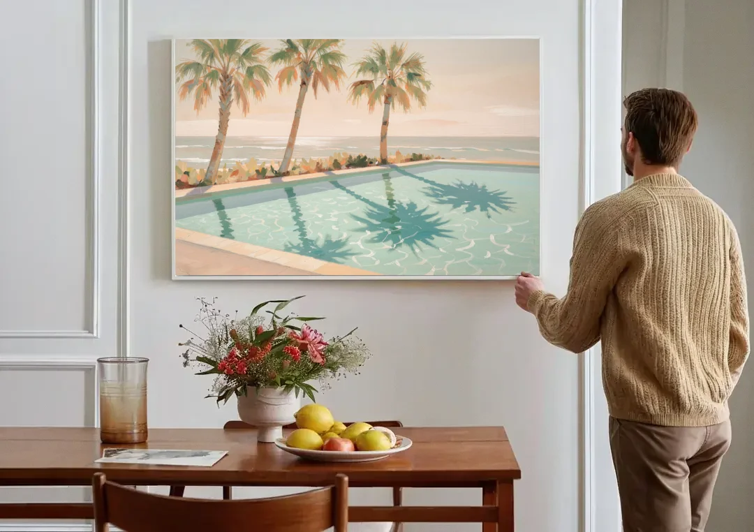 Poolside Art with Three Palm Shadows canvas wall art above a dining table