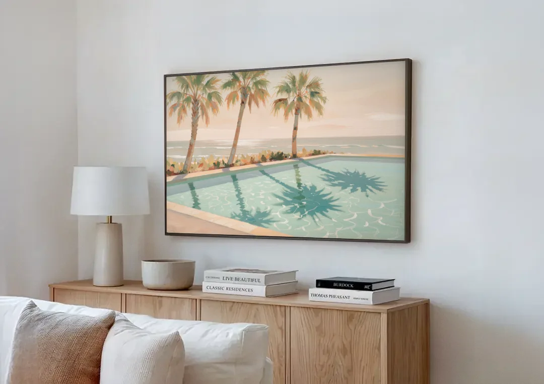 Poolside Art with Three Palm Shadows canvas wall art above a wooden sideboard next to a sofa