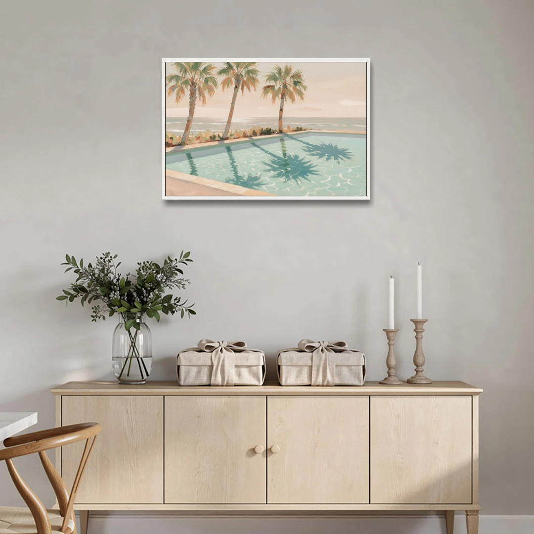 Poolside Art with Three Palm Shadows - White Framed Canvas Wall Art - Coffee Table - 36x24