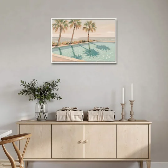 Poolside Art with Three Palm Shadows - White Framed Canvas Wall Art - Coffee Table - 36x24