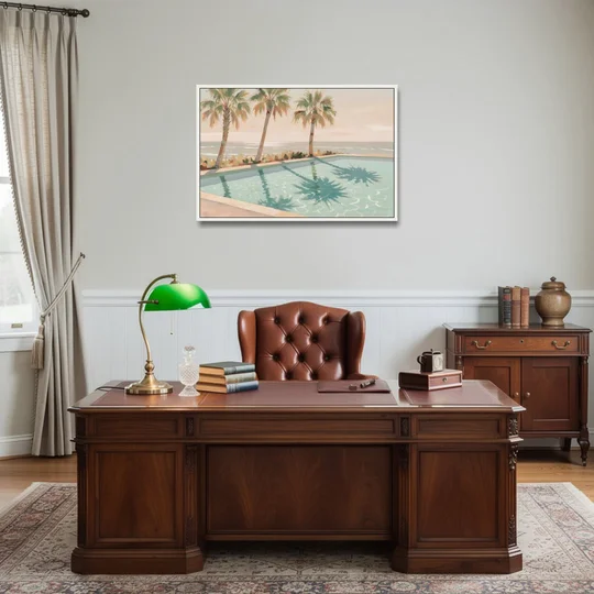 Poolside Art with Three Palm Shadows - White Framed Canvas Wall Art - Office - 36x24