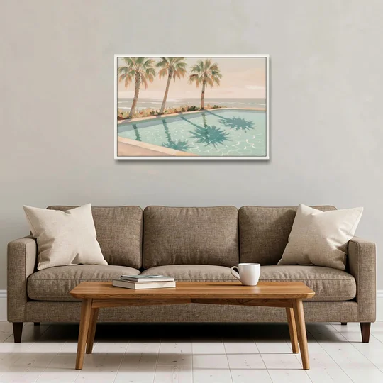 Poolside Art with Three Palm Shadows - White Framed Canvas Wall Art - Sofa - 36x24