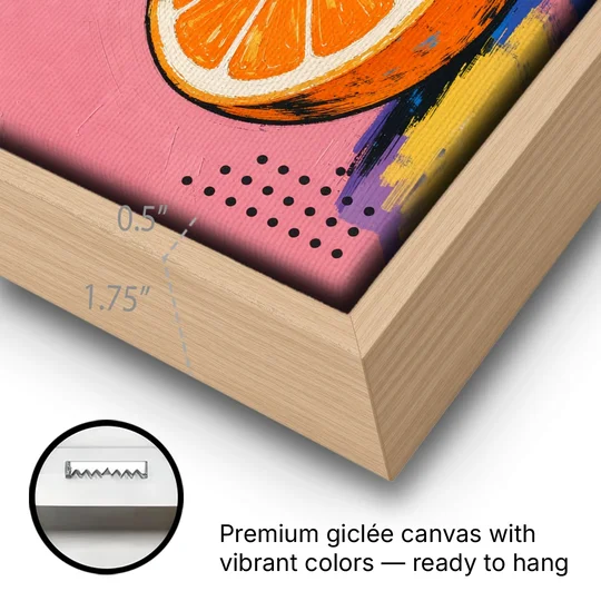 Pop Art Fruit Painting of a Citrus Wheel Tower - Oak Framed Canvas Wall Art - Gallery Wrap Corner