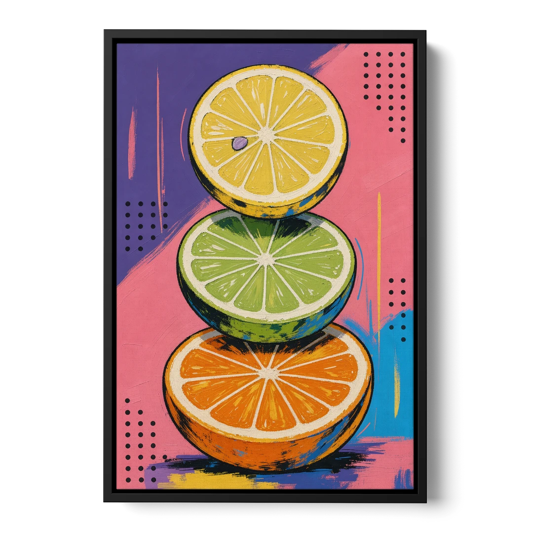 Pop Art Fruit Painting of a Citrus Wheel Tower - Black Framed Canvas Wall Art - Front