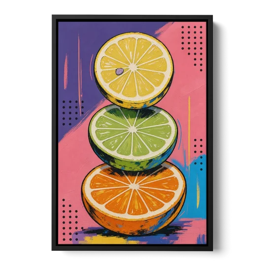 Pop Art Fruit Painting of a Citrus Wheel Tower - Black Framed Canvas Wall Art - Front