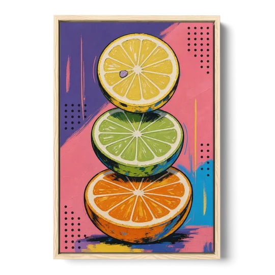 Pop Art Fruit Painting of a Citrus Wheel Tower - Oak Framed Canvas Wall Art - Front