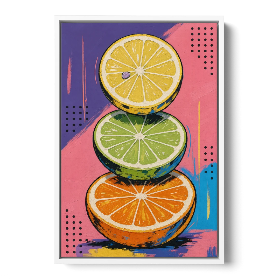 Pop Art Fruit Painting of a Citrus Wheel Tower - White Framed Canvas Wall Art - Front