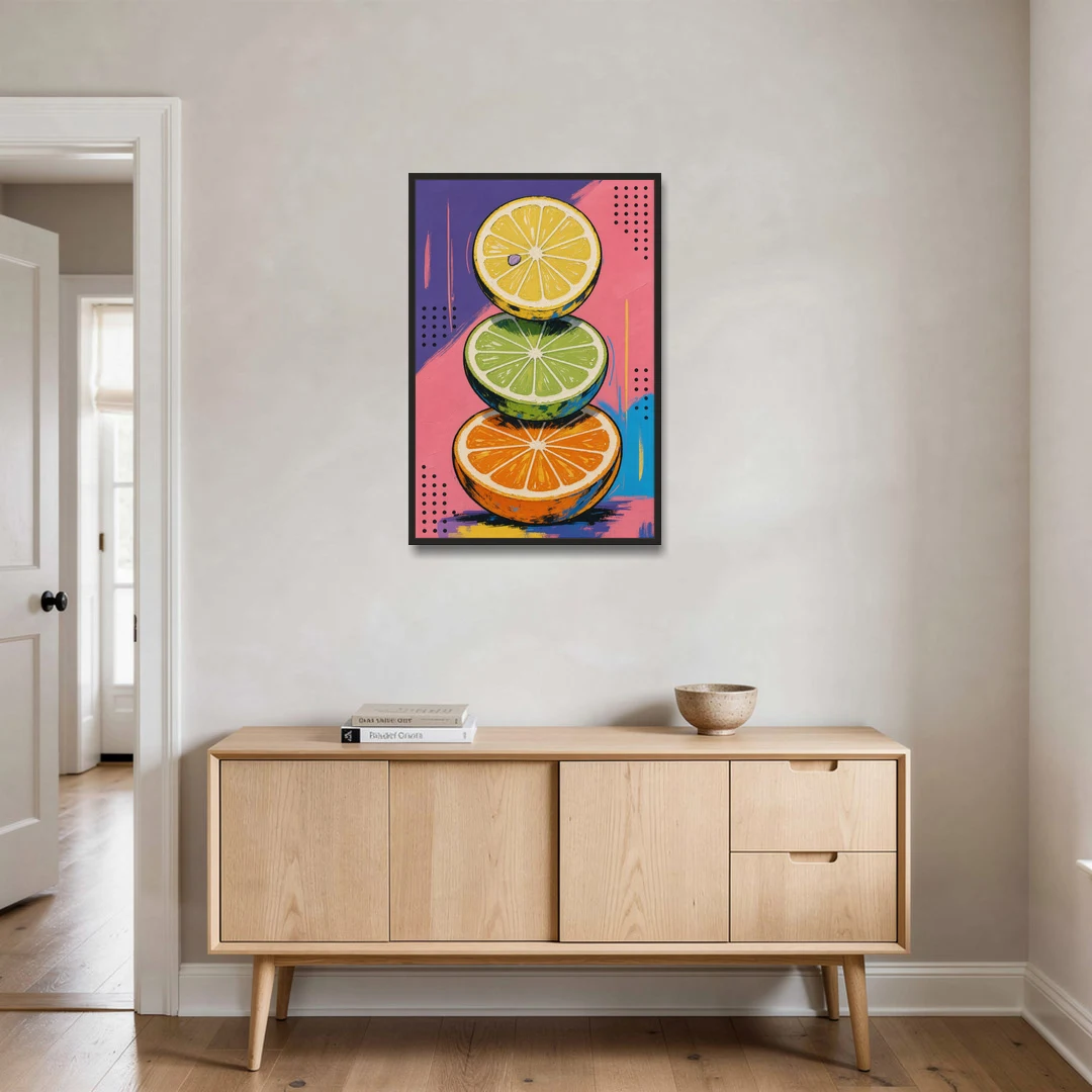 Pop Art Fruit Painting of a Citrus Wheel Tower - Black Framed Canvas Wall Art - Coffee Table - 24x36