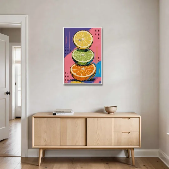 Pop Art Fruit Painting of a Citrus Wheel Tower - White Framed Canvas Wall Art - Coffee Table - 24x36