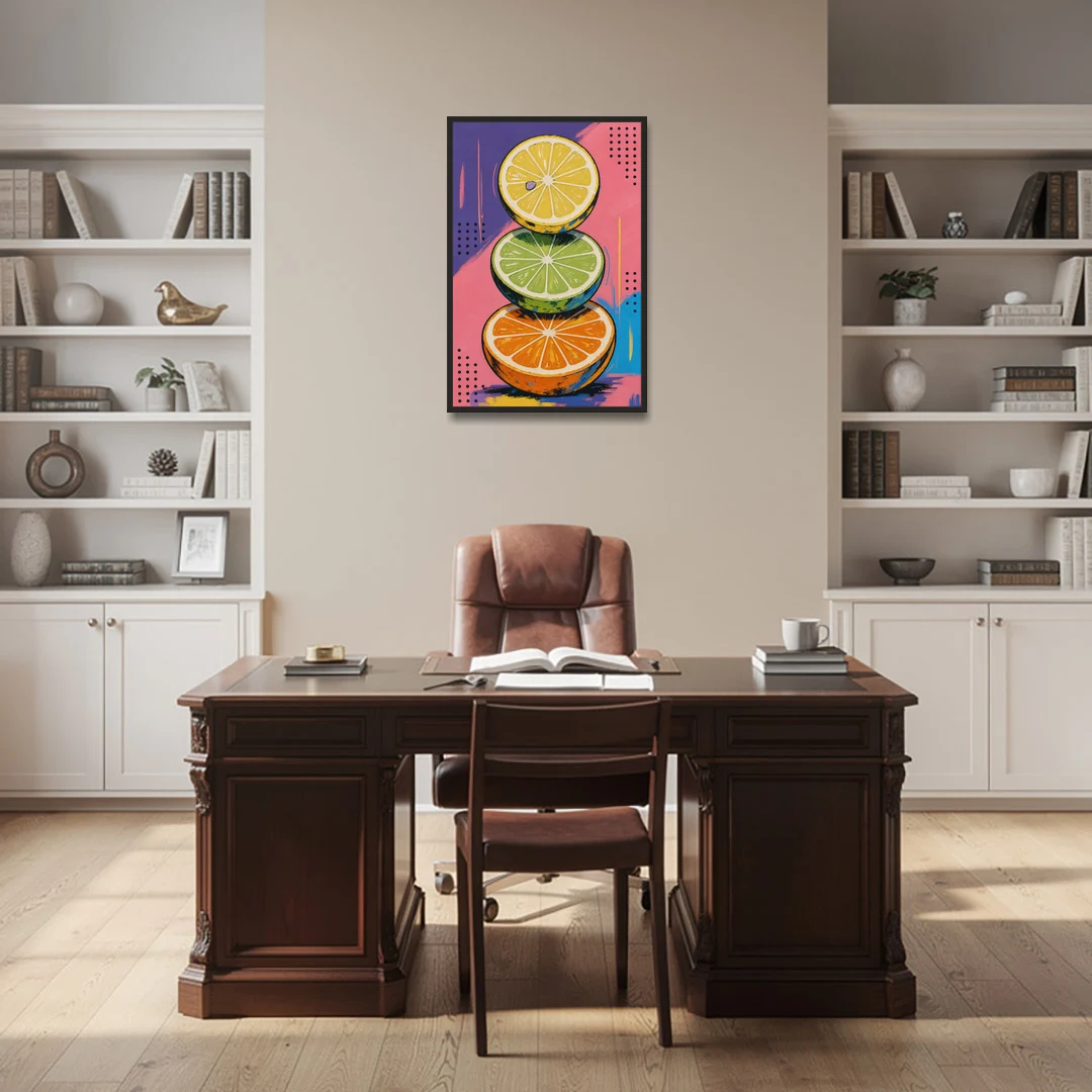 Pop Art Fruit Painting of a Citrus Wheel Tower - Black Framed Canvas Wall Art - Office - 24x36