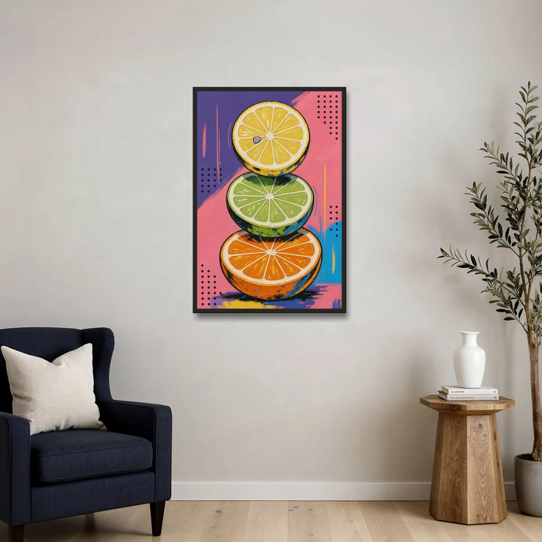 Pop Art Fruit Painting of a Citrus Wheel Tower - Black Framed Canvas Wall Art - Sofa - 24x36