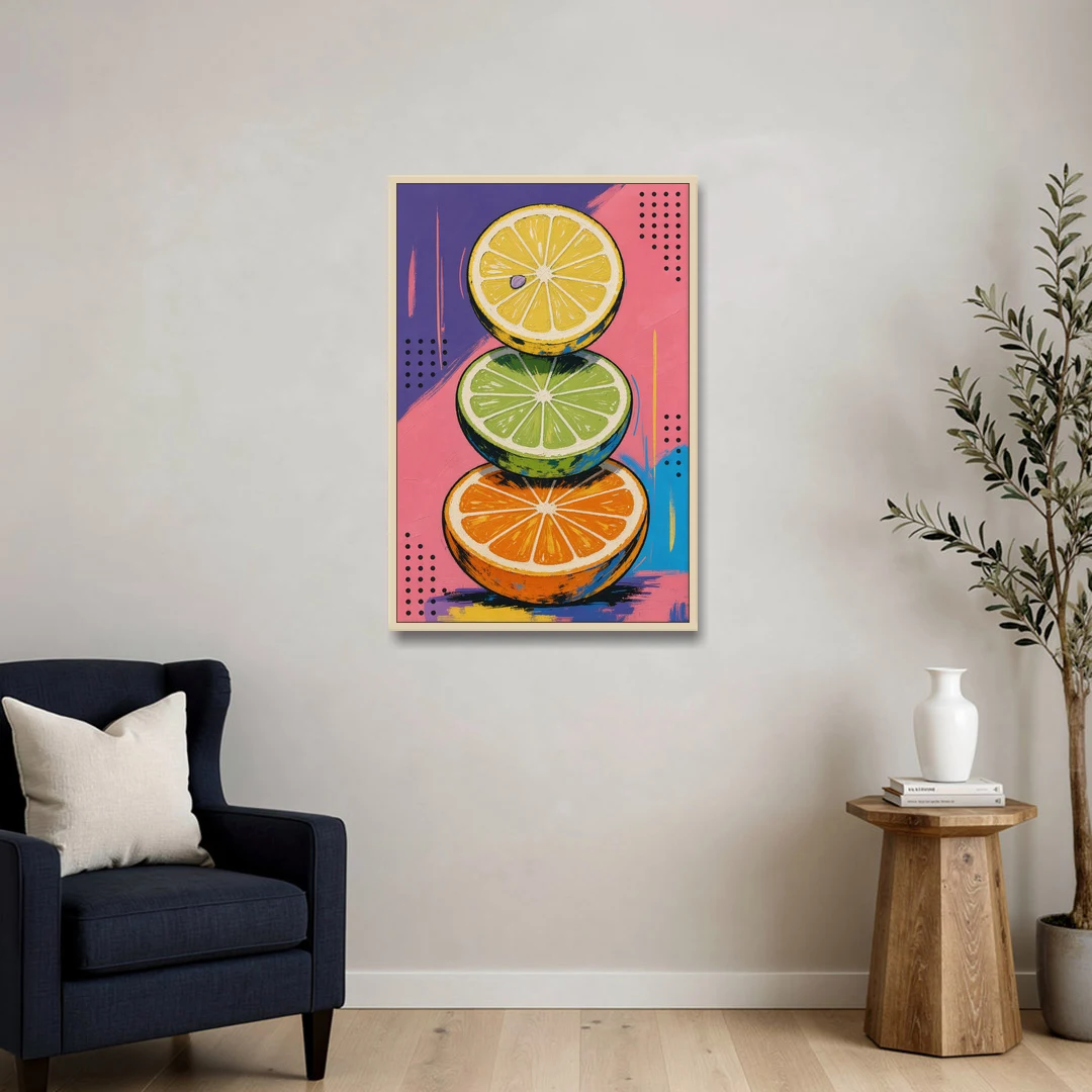 Pop Art Fruit Painting of a Citrus Wheel Tower - Oak Framed Canvas Wall Art - Sofa - 24x36
