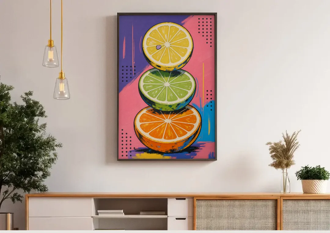 Pop Art Fruit Painting of a Citrus Wheel Tower canvas wall art above a wooden sideboard under pendant lights