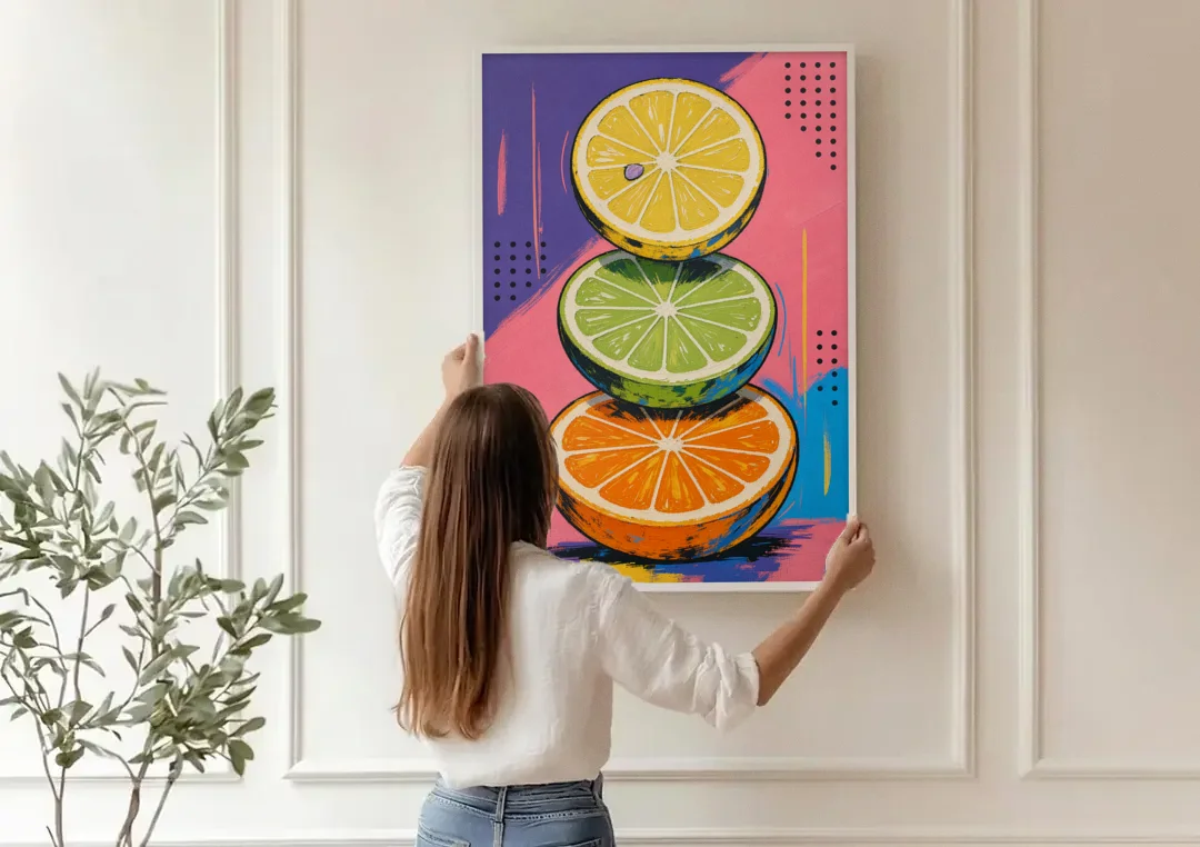Pop Art Fruit Painting of a Citrus Wheel Tower canvas wall art being hung on a paneled wall