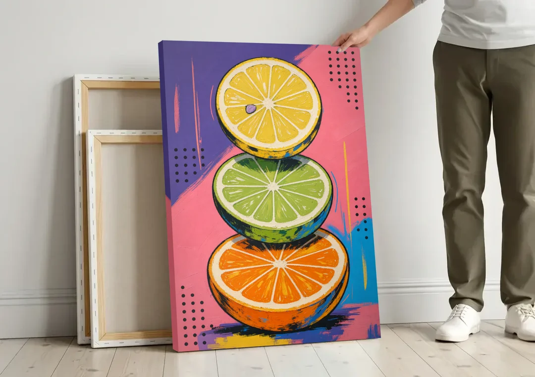Pop Art Fruit Painting of a Citrus Wheel Tower canvas wall art leaning against a wall next to blank canvases