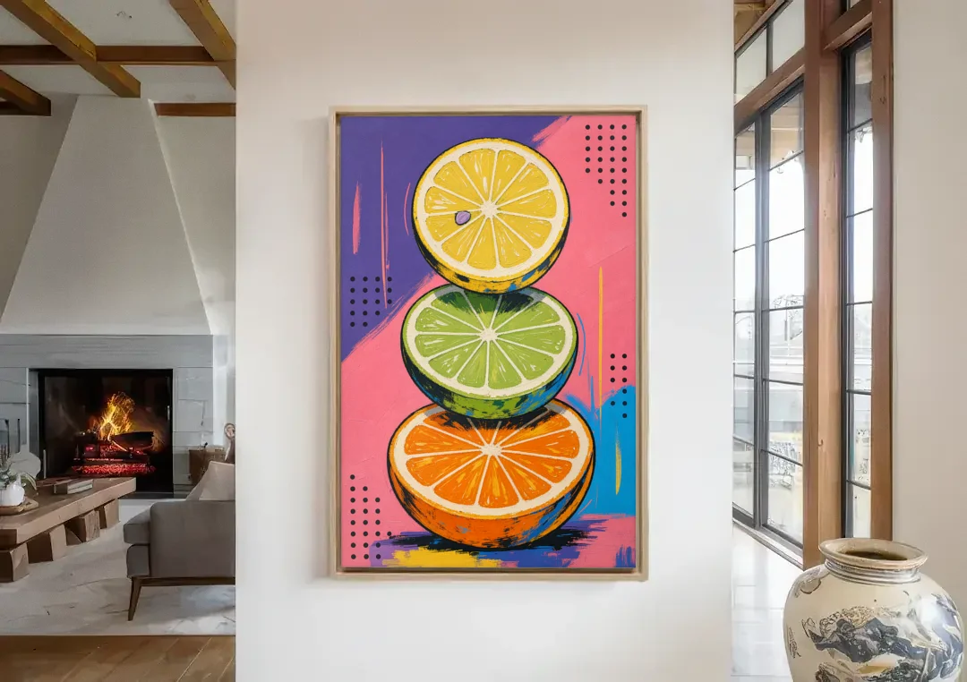 Pop Art Fruit Painting of a Citrus Wheel Tower canvas wall art in a living room with a fireplace