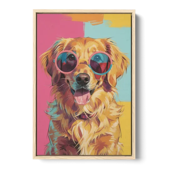 Pop Art Golden Retriever in Rose Sunglasses - Oak Framed Canvas Wall Art - Front