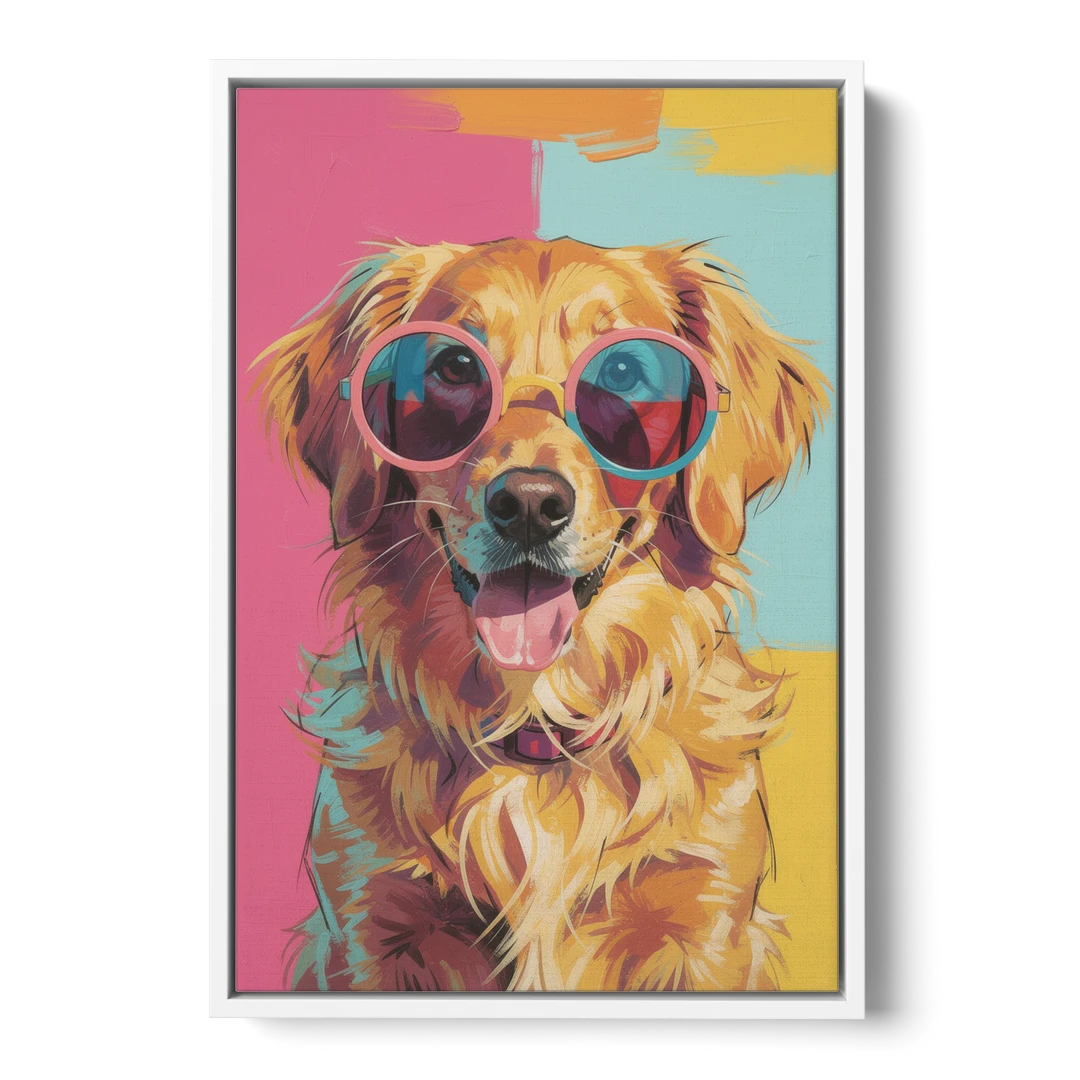 Pop Art Golden Retriever in Rose Sunglasses - White Framed Canvas Wall Art - Front
