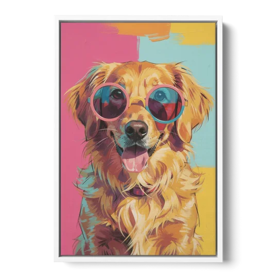 Pop Art Golden Retriever in Rose Sunglasses - White Framed Canvas Wall Art - Front