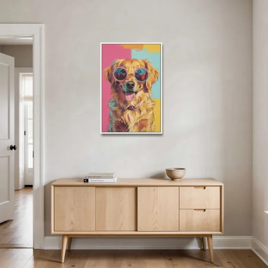 Pop Art Golden Retriever in Rose Sunglasses - White Framed Canvas Wall Art - Coffee Table - 24x36