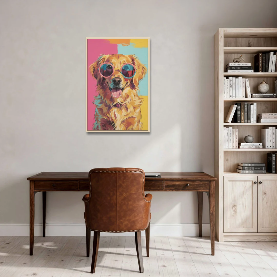 Pop Art Golden Retriever in Rose Sunglasses - Oak Framed Canvas Wall Art - Office - 24x36