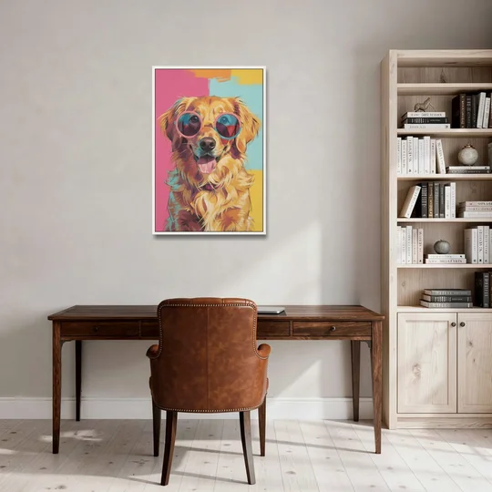 Pop Art Golden Retriever in Rose Sunglasses - White Framed Canvas Wall Art - Office - 24x36