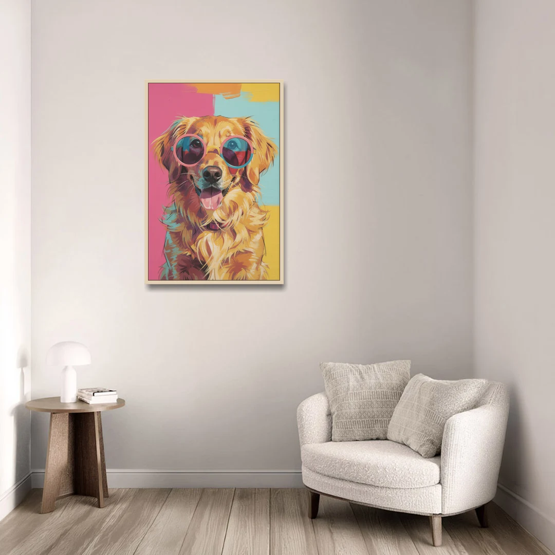 Pop Art Golden Retriever in Rose Sunglasses - Oak Framed Canvas Wall Art - Sofa - 24x36