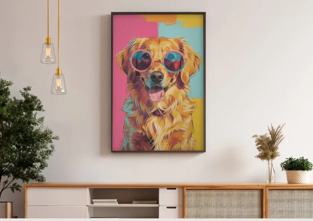 Pop Art Golden Retriever in Rose Sunglasses canvas wall art above a wooden sideboard under pendant lights
