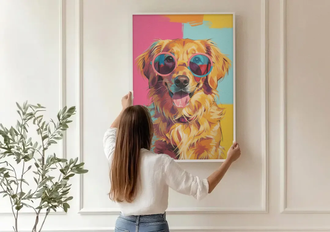 Pop Art Golden Retriever in Rose Sunglasses canvas wall art being hung on a paneled wall