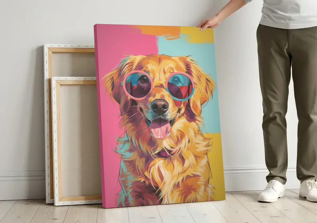 Pop Art Golden Retriever in Rose Sunglasses canvas wall art leaning against a wall next to blank canvases