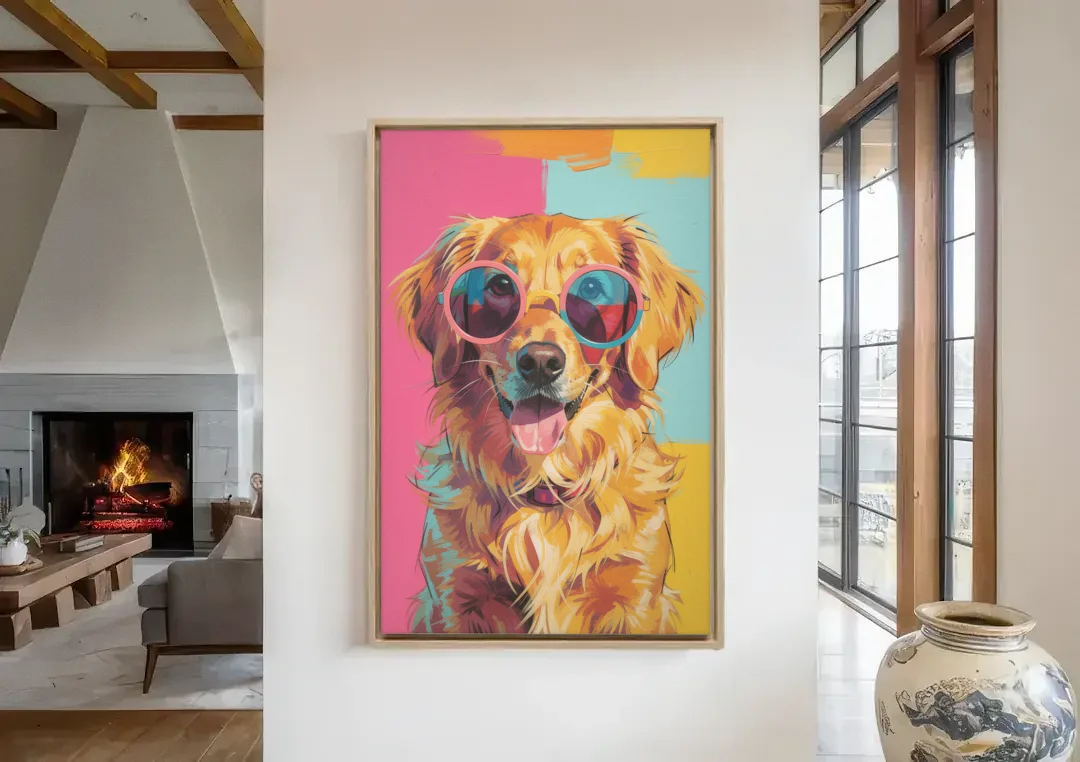 Pop Art Golden Retriever in Rose Sunglasses canvas wall art in a living room with a fireplace