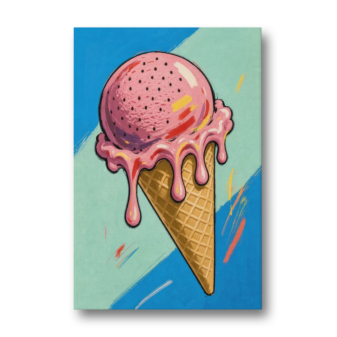 Pop Art Ice Cream Cone with Strawberry Drips - Canvas Wall Art - Front