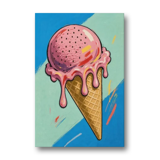 Pop Art Ice Cream Cone with Strawberry Drips - Canvas Wall Art - Front