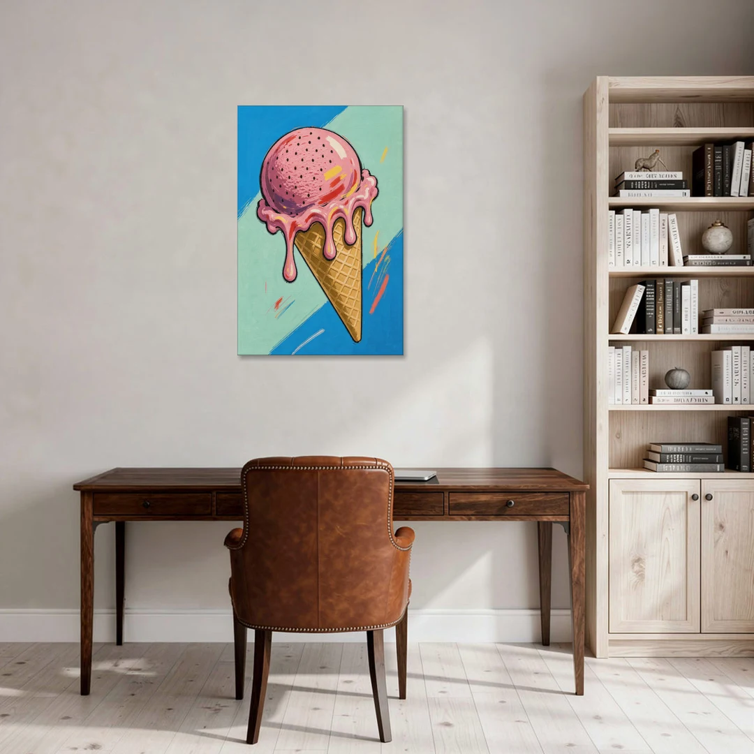 Pop Art Ice Cream Cone with Strawberry Drips - Canvas Wall Art - Office - 24x36