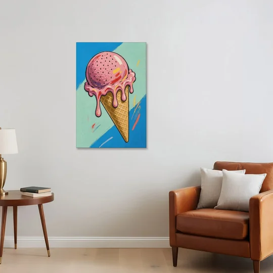 Pop Art Ice Cream Cone with Strawberry Drips - Canvas Wall Art - Sofa - 24x36