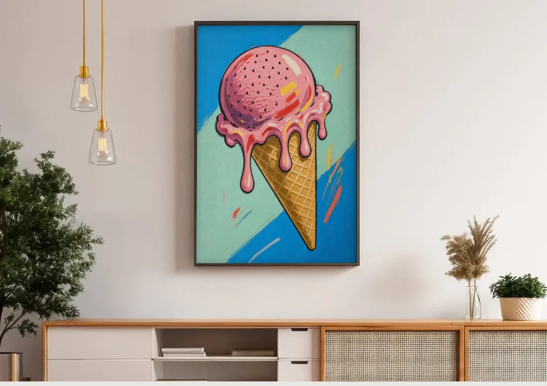 Pop Art Ice Cream Cone with Strawberry Drips canvas wall art above a wooden sideboard under pendant lights