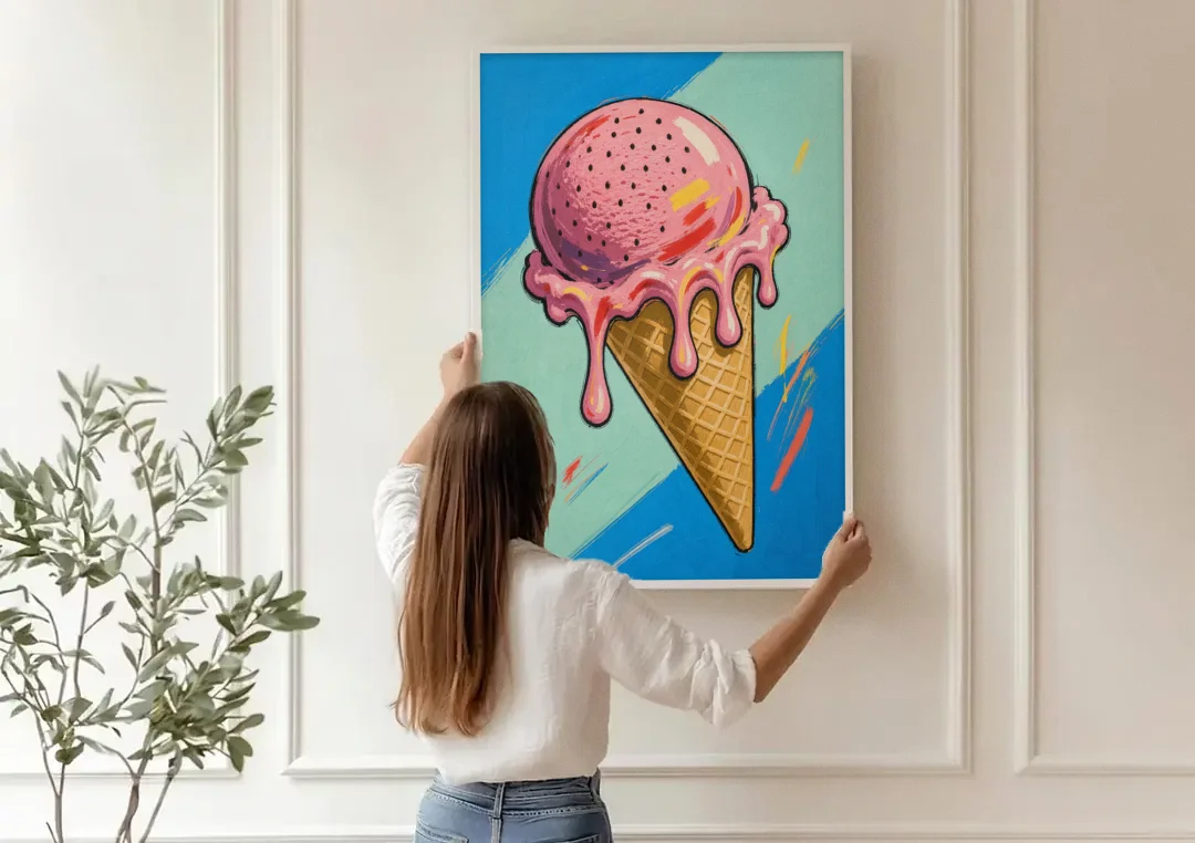 Pop Art Ice Cream Cone with Strawberry Drips canvas wall art being hung on a paneled wall