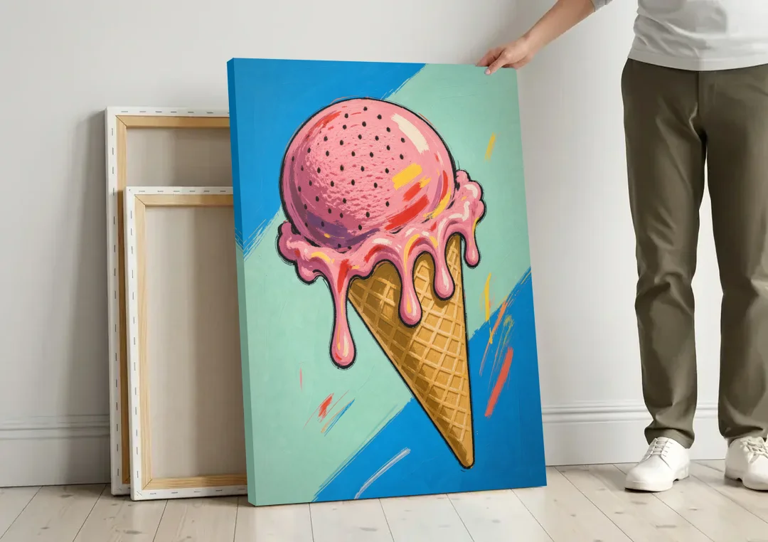 Pop Art Ice Cream Cone with Strawberry Drips canvas wall art leaning against a wall next to blank canvases