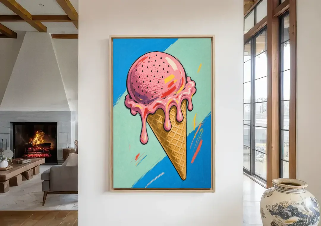Pop Art Ice Cream Cone with Strawberry Drips canvas wall art in a living room with a fireplace