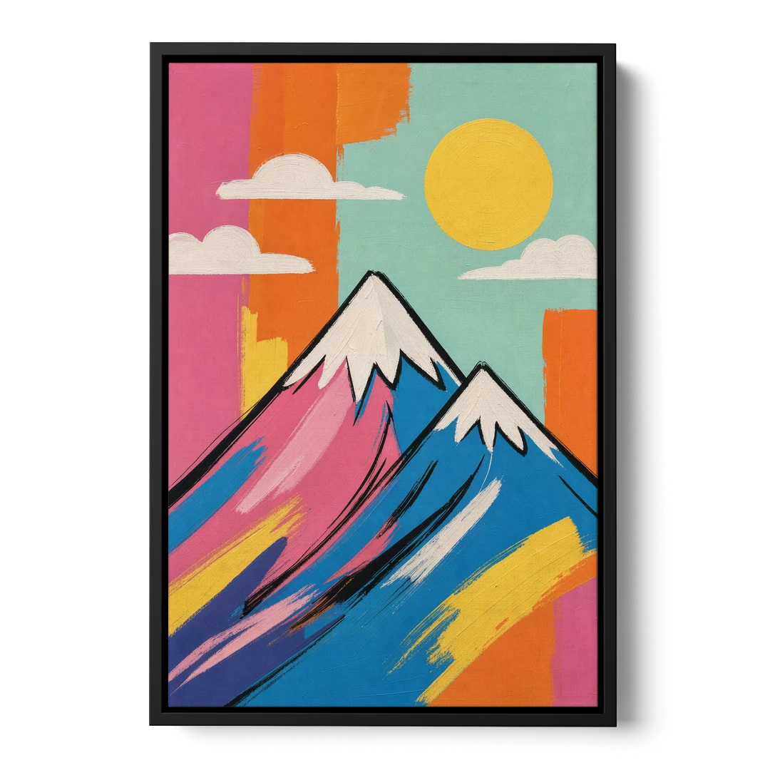 Pop Art Mountain in Pink and Blue - Black Framed Canvas Wall Art - Front