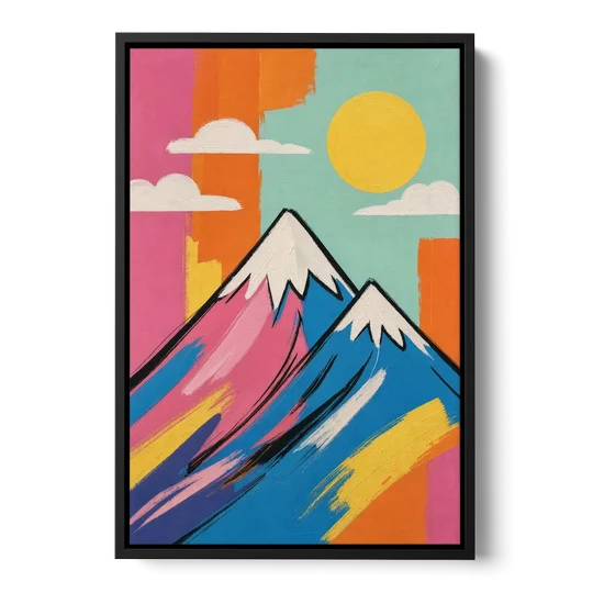 Pop Art Mountain in Pink and Blue - Black Framed Canvas Wall Art - Front