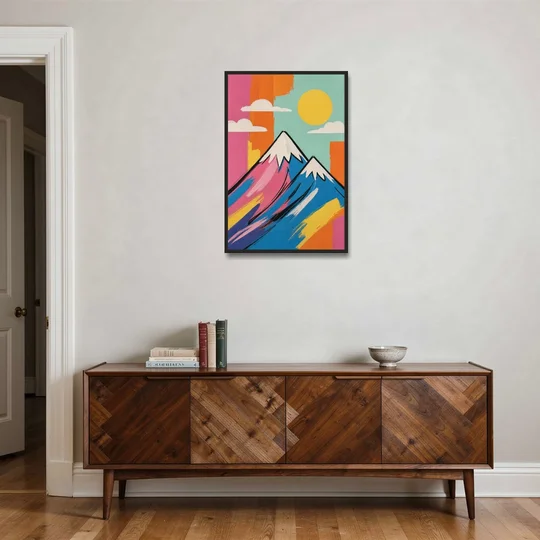 Pop Art Mountain in Pink and Blue - Black Framed Canvas Wall Art - Coffee Table - 24x36