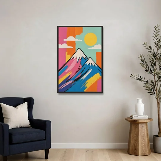 Pop Art Mountain in Pink and Blue - Black Framed Canvas Wall Art - Sofa - 24x36