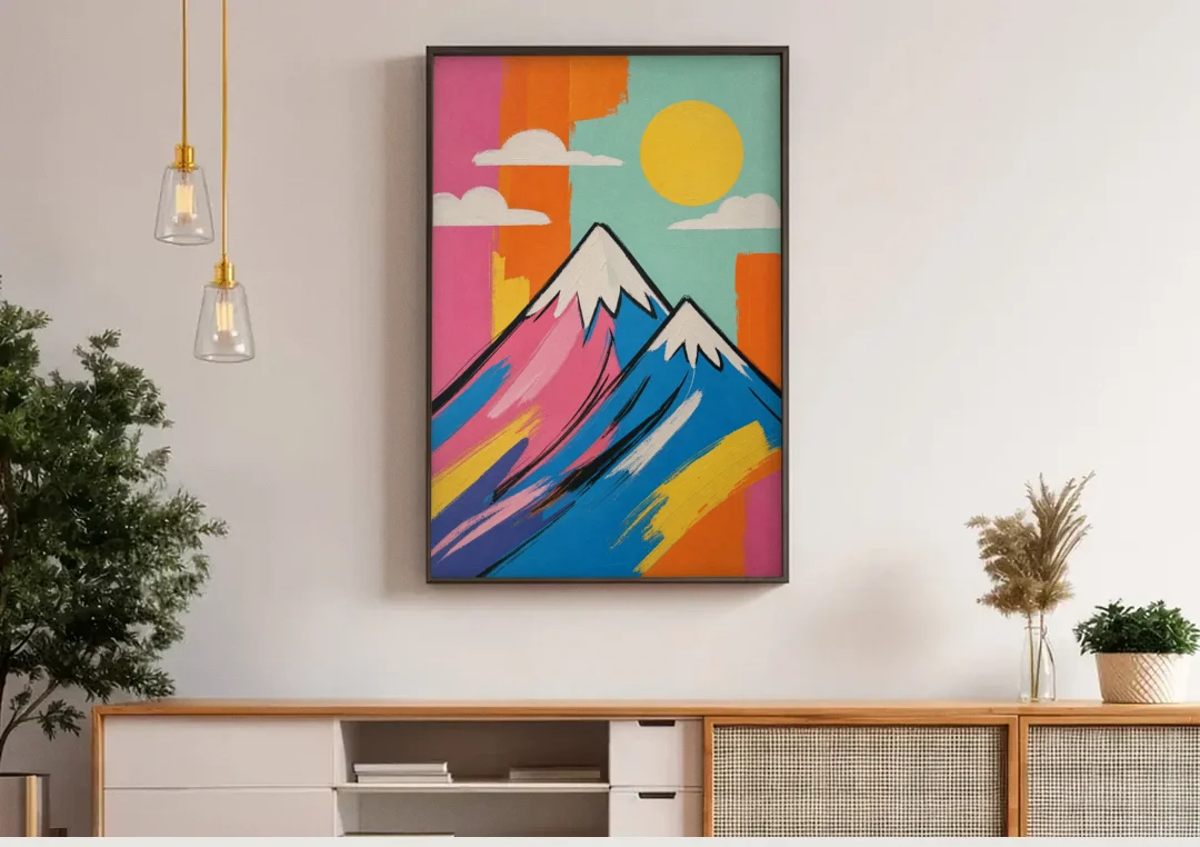 Pop Art Mountain in Pink and Blue canvas wall art above a wooden sideboard under pendant lights