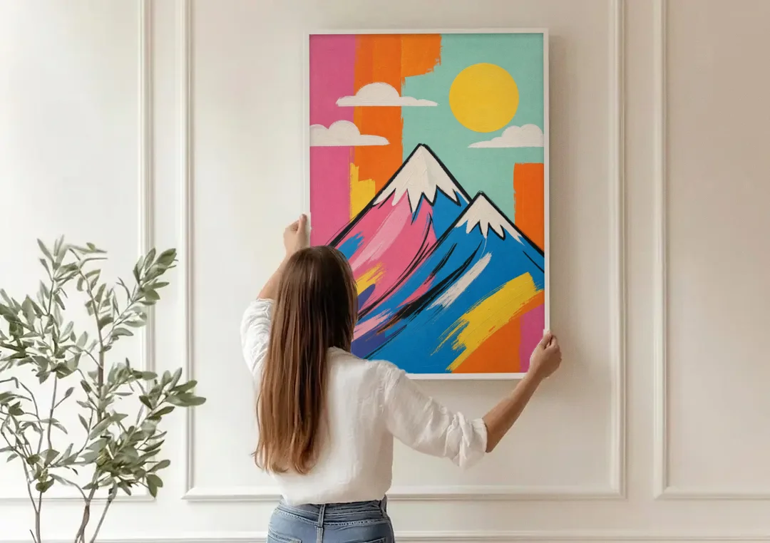 Pop Art Mountain in Pink and Blue canvas wall art being hung on a paneled wall
