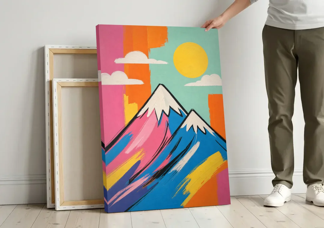 Pop Art Mountain in Pink and Blue canvas wall art leaning against a wall next to blank canvases